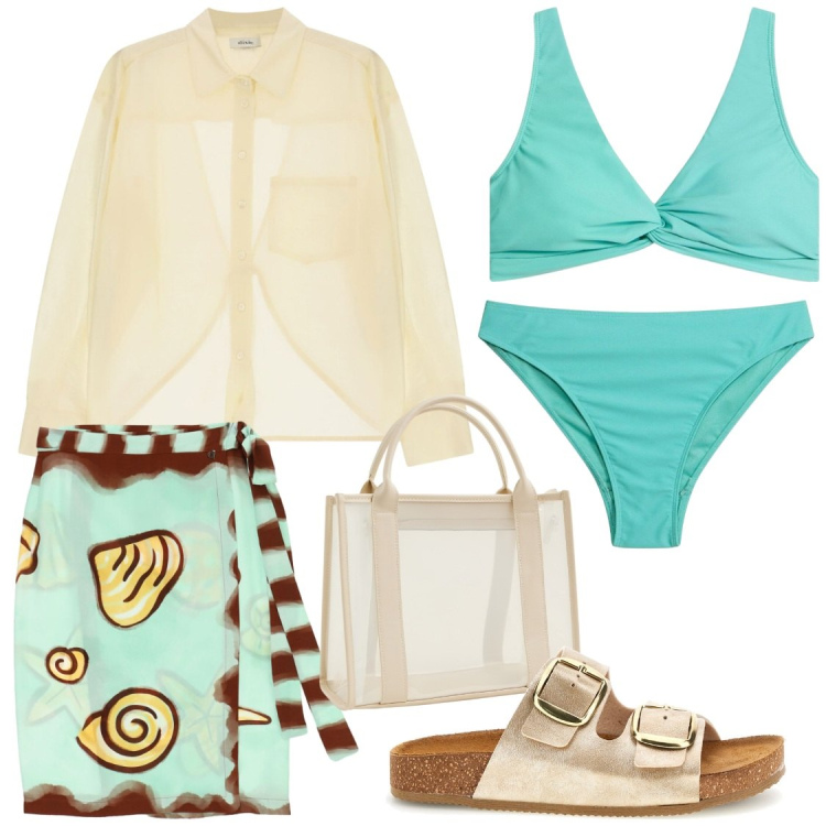 Outfit donna - Mare chic. Stile Chic per Mare. Abbinamento con bikini, bikini, gonne longuette, camicie, borse tote, ciabatte.