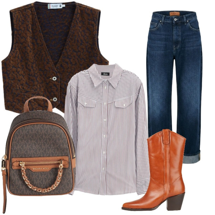 Outfit donna - Total look #2451388. Stile Casual chic per Tutti i giorni. Abbinamento con zaini, stivaletti texani, jeans dritti, gilet, camicie.