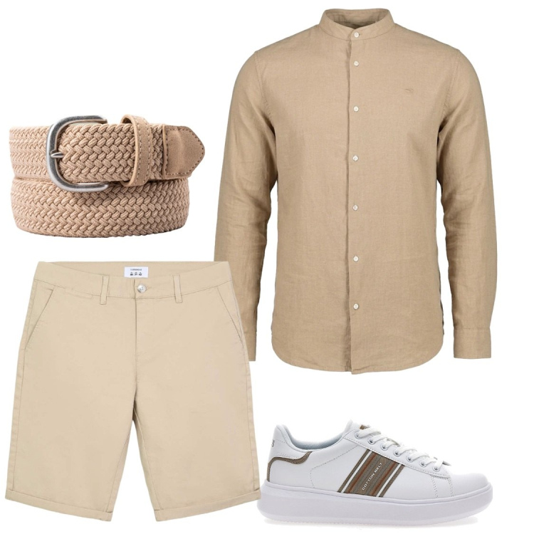 Outfit uomo - Camicia di fuori. Stile Trendy per Serata speciale. Abbinamento con bermuda, cinture, sneakers, camicie.