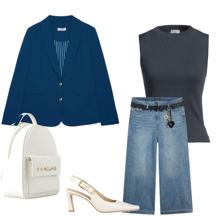 Outfit donna - Total look #2451393. Stile Casual chic per Tutti i giorni. Abbinamento con top, décolleté, zaini, jeans, blazer.
