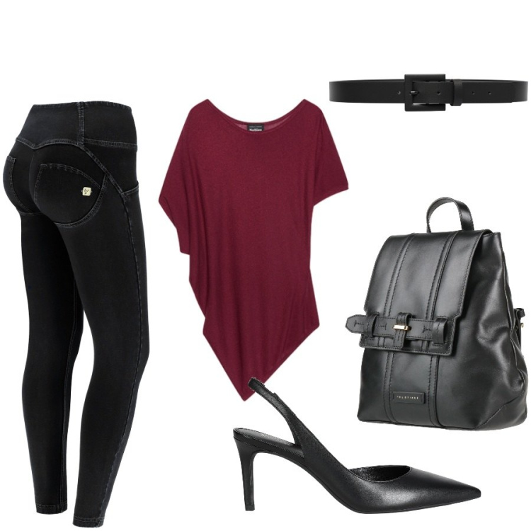 Outfit donna - Total look #2451395. Stile Casual chic per Tutti i giorni. Abbinamento con zaini, décolleté, cinture, jeggings, top.