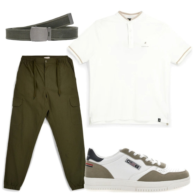 Outfit uomo - Verde e bianco. Stile Trendy per Tutti i giorni. Abbinamento con cinture, pantaloni cargo, polo, sneakers.
