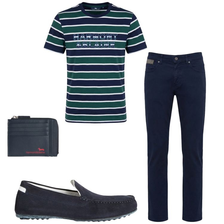 Outfit uomo - Harmont & Blaine. Stile Casual per Ufficio. Abbinamento con scarpe stringate, pantaloni, t-shirt, portamonete.