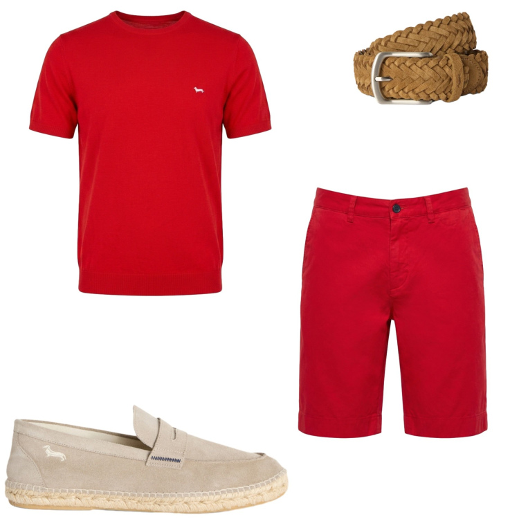 Outfit uomo - Colori accesi. Stile Casual per Mare. Abbinamento con espadrillas, bermuda, cinture, t-shirt.