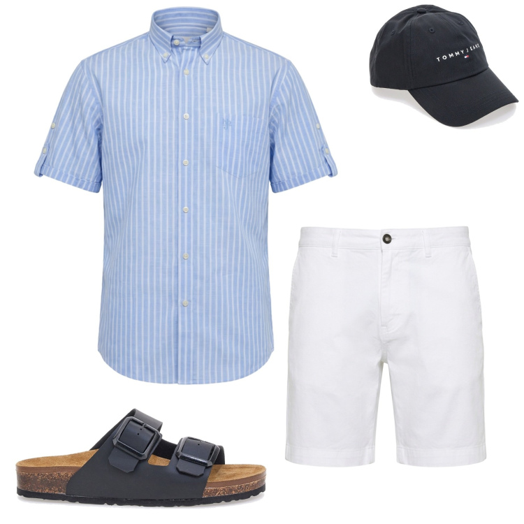 Outfit uomo - Modalità vacanze. Stile Casual per Mare. Abbinamento con bermuda, camicie a manica corta, cappelli con visiera, sandali.