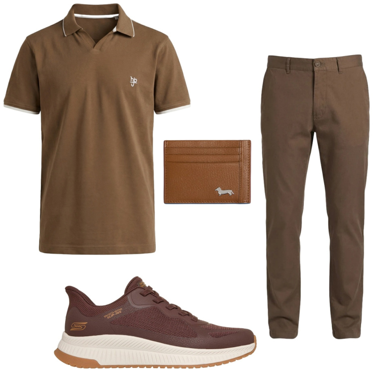 Outfit uomo - Ritorno in città. Stile Urban per Ufficio. Abbinamento con pantaloni, polo, portafogli, sneakers.