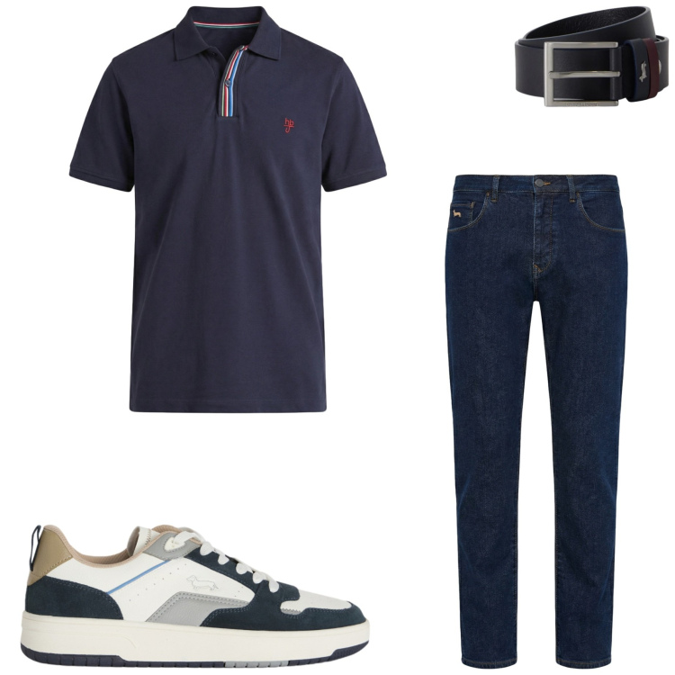 Outfit uomo - Ritorno in città. Stile Casual per Ufficio. Abbinamento con polo, sneakers, cinture, jeans.