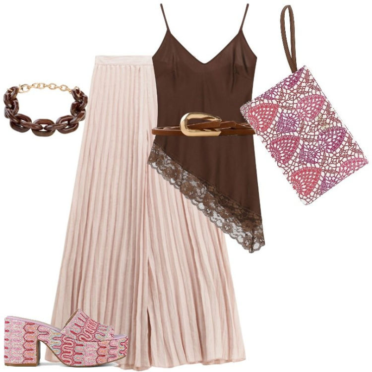 Outfit donna - Giornate estive. Stile Casual chic per Tutti i giorni. Abbinamento con braccialetti, cinture, pantaloni a palazzo, top, sabot, pochette.