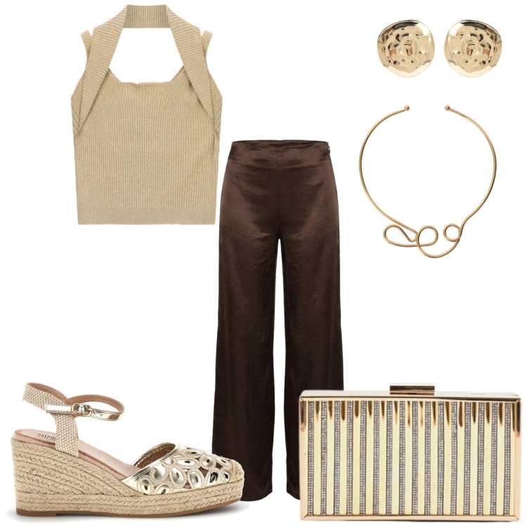 Outfit donna - Serata lucente. Stile Glamour per Serata fuori. Abbinamento con collane, orecchini, top, clutch, pantaloni a palazzo, zeppe.