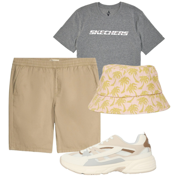 Outfit uomo - To conosco mascherina. Stile Casual per Tutti i giorni. Abbinamento con bermuda, cappelli con visiera, sneakers, t-shirt.
