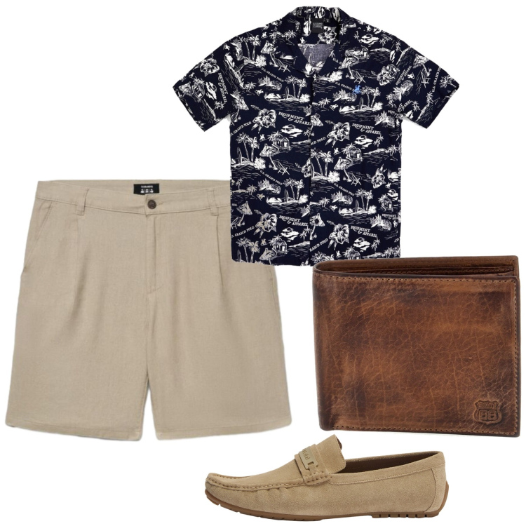 Outfit uomo - Total look #2451423. Stile Casual per Tutti i giorni. Abbinamento con scarpe stringate, pantaloni corti, camicie a manica corta, portafogli.