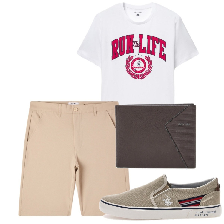 Outfit uomo - Total look #2451431. Stile Casual per Tutti i giorni. Abbinamento con shorts, t-shirt, portafogli, scarpe stringate.