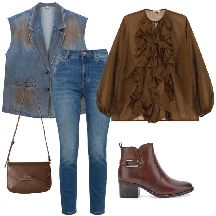 Outfit donna - Rouches country. Stile Trendy per Tutti i giorni. Abbinamento con gilet, jeans, borse a tracolla, camicie, stivaletti.