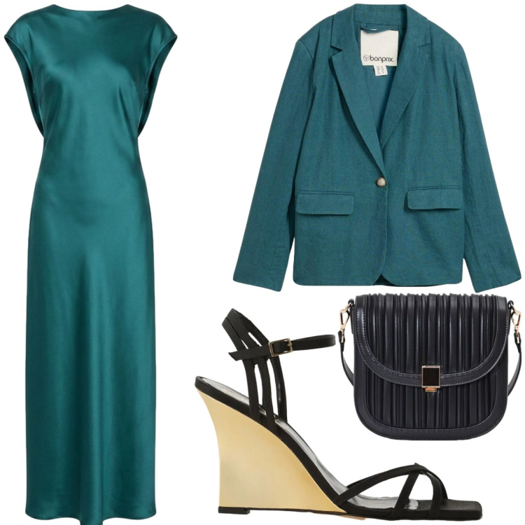 Outfit donna - Green glamour. Stile Bon Ton per Cerimonia. Abbinamento con blazer, sandali col tacco, borse a tracolla, vestiti lunghi.