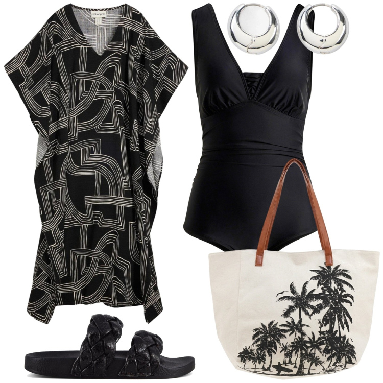 Outfit donna - Caftano leggero. Stile Etnico per Mare. Abbinamento con costumi interi, caftani, orecchini, ciabatte, shopping bag.