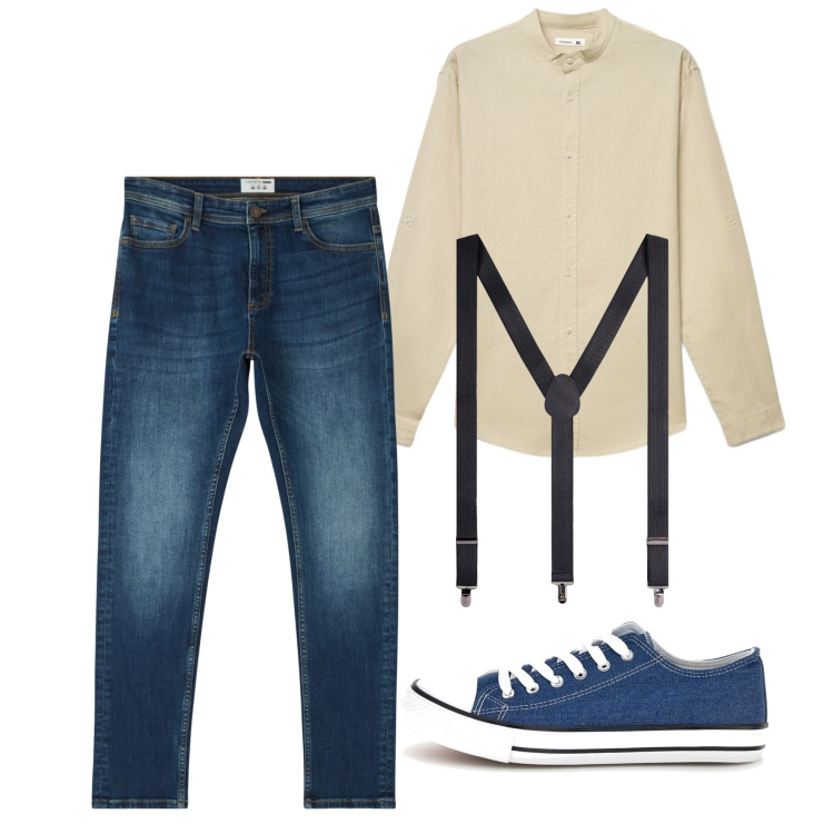 Outfit uomo - Total look #2451436. Stile Casual per Tutti i giorni. Abbinamento con jeans skinny, camicie, bretelle, sneakers.