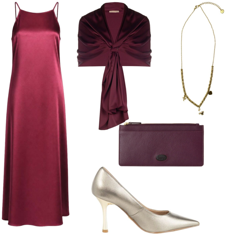Outfit donna - Wine moment. Stile Basic per Cerimonia. Abbinamento con vestiti lunghi, portafogli, stole, décolleté, ciondoli.