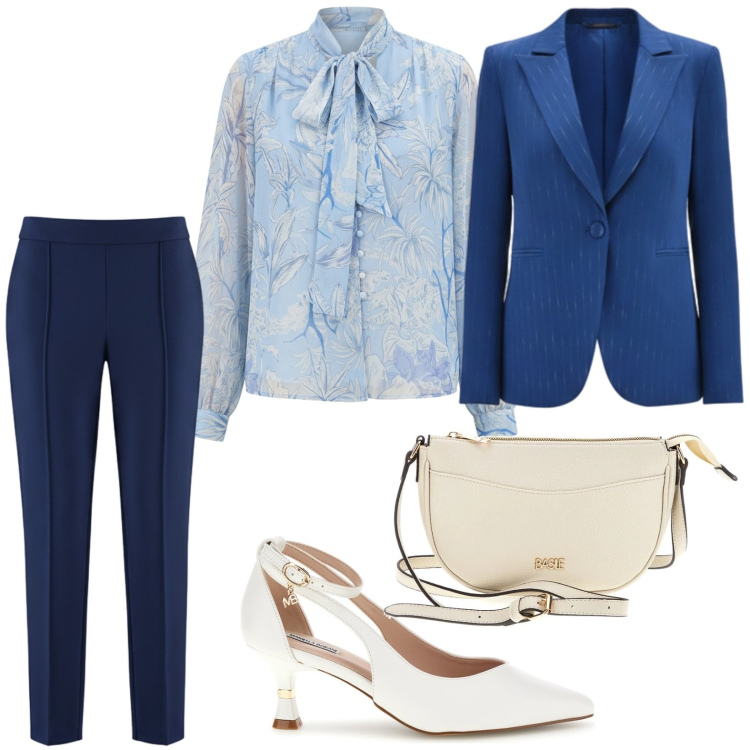 Outfit donna - Business chic. Stile Glamour per Ufficio. Abbinamento con bluse, blazer, pantaloni, décolleté, borse a tracolla.