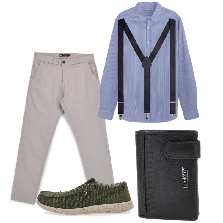 Outfit uomo - Total look #2451439. Stile Casual per Tutti i giorni. Abbinamento con camicie, bretelle, pantaloni, portafogli, scarpe stringate.