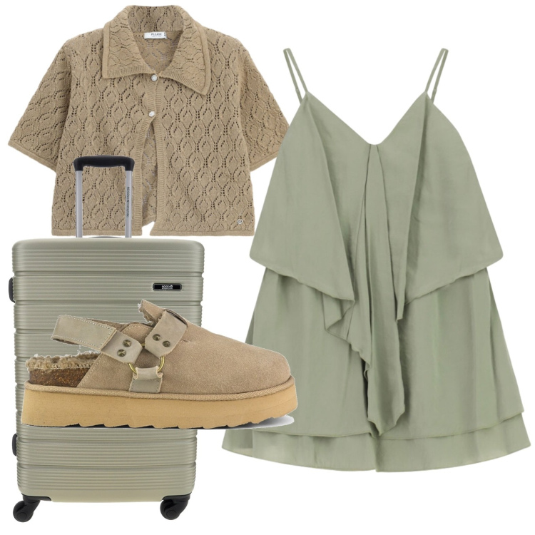 Outfit donna - Comfort chic. Stile Casual per Tutti i giorni. Abbinamento con maglieria, vestiti corti, sabot, valigie.