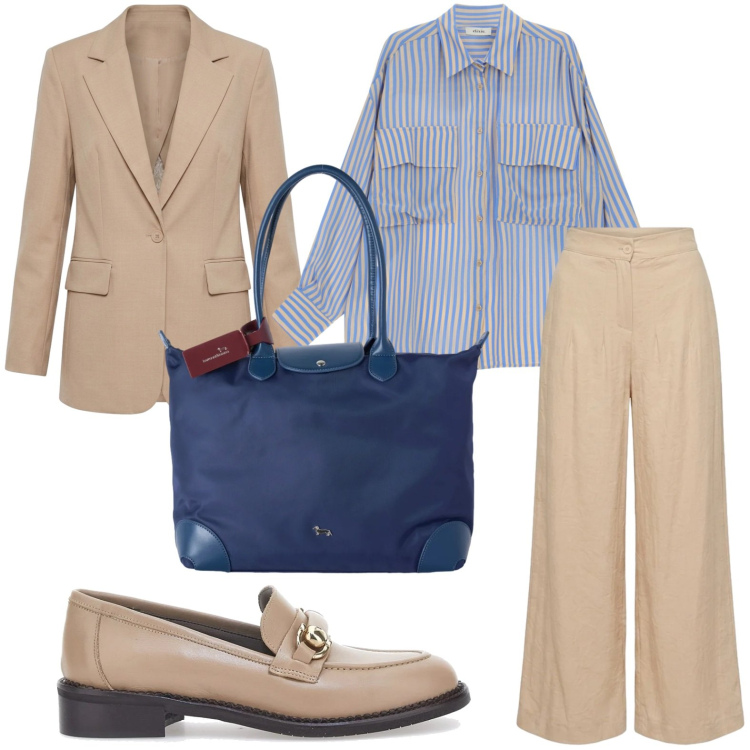 Outfit donna - Professional glam. Stile Casual per Ufficio. Abbinamento con shopping bag, blazer, camicie, pantaloni a palazzo, mocassini.