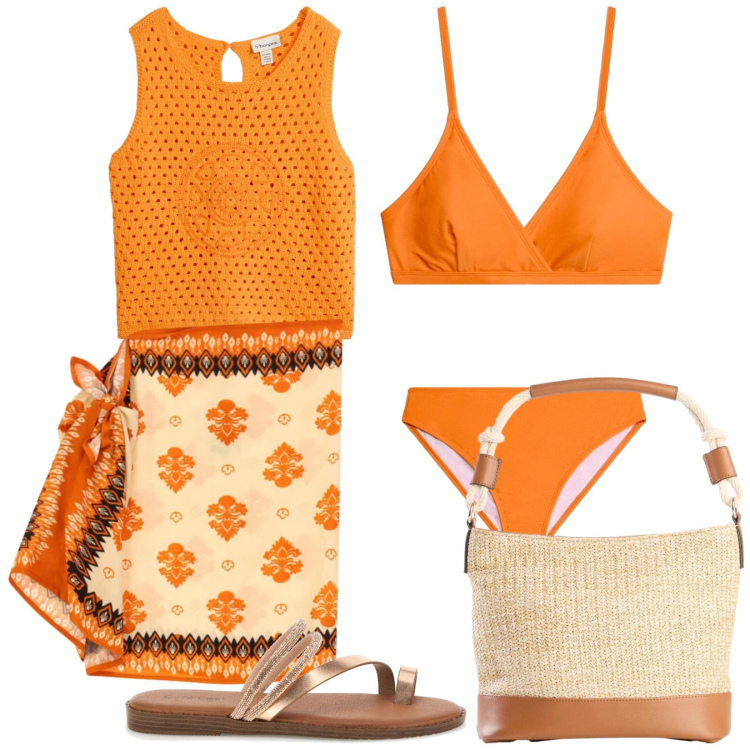 Outfit donna - Arancio. Stile Trendy per Mare. Abbinamento con bikini, top, borse a mano, minigonne, ciabatte.