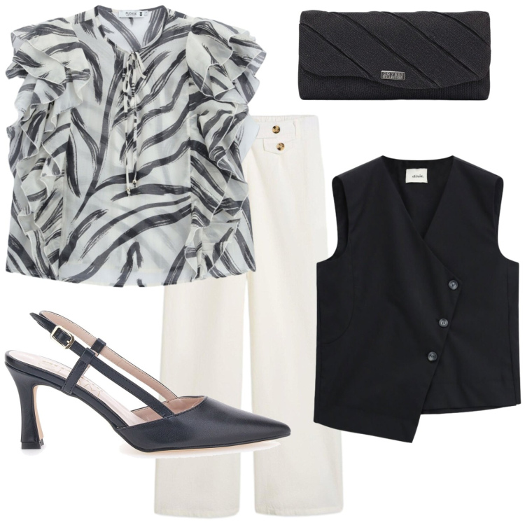 Outfit donna - Top zebrato. Stile Casual chic per Serata fuori. Abbinamento con pantaloni, gilet, bluse, pochette, décolleté.