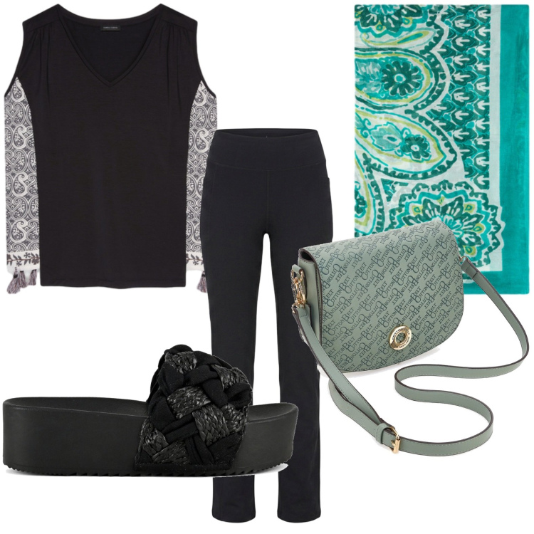 Outfit donna - Serata easy. Stile Minimal per Serata fuori. Abbinamento con foulard, canottiere, pantaloni, borse a tracolla, ciabatte.