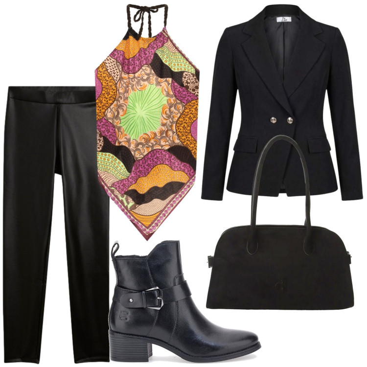 Outfit donna - Top colorato. Stile Chic per Serata fuori. Abbinamento con top, borse a spalla, blazer, treggings, stivali sopra il ginocchio.
