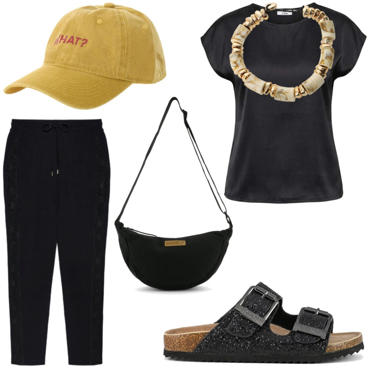 Outfit donna - Collana luminosa. Stile Chic per Tutti i giorni. Abbinamento con braccialetti, cappelli con visiera, top, pantaloni, sandali, borse a tracolla.