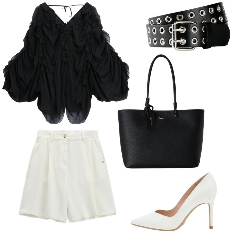 Outfit donna - Stile black and white. Stile Bon Ton per Serata fuori. Abbinamento con cinture, shopping bag, bermuda, bluse, décolleté.