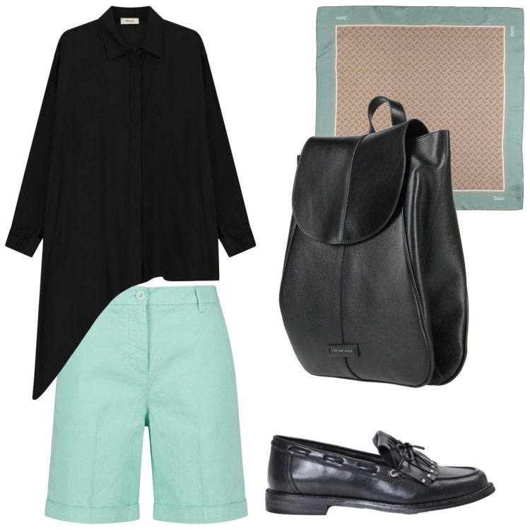 Outfit donna - Bermuda acquamarina. Stile Bon Ton per Tutti i giorni. Abbinamento con zaini, sciarpe, bermuda, camicie, mocassini.