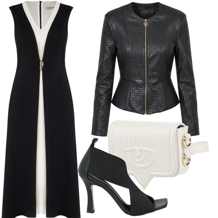 Outfit donna - Eleganza grintosa. Stile Glamour per Serata fuori. Abbinamento con sandali in pelle, marsupi, vestiti lunghi, giacche.