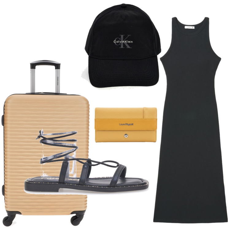 Outfit donna - Vestito nero pop. Stile Trendy per Tutti i giorni. Abbinamento con vestiti midi/longuette, valigie, sandali alla schiava, portafogli, cappelli con visiera.