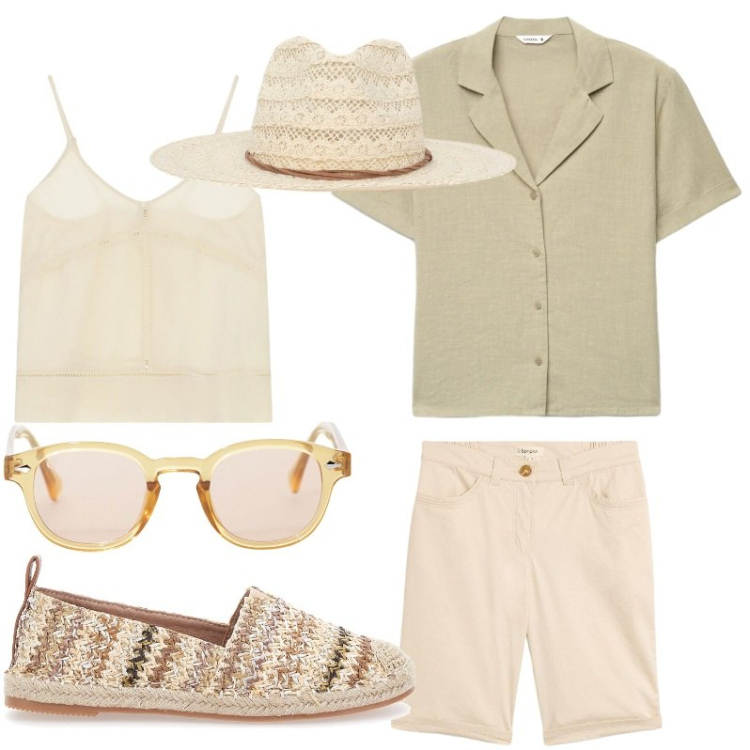 Outfit donna - Portovenere. Stile Casual per Tutti i giorni. Abbinamento con bermuda, camicie a manica corta, cappelli, occhiali da sole, top, espadrillas.