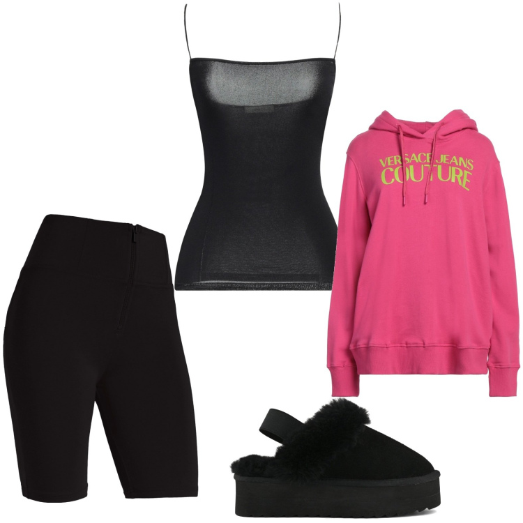 Outfit donna - Nero vibrante. Stile Casual per Tutti i giorni. Abbinamento con top, felpe con cappuccio, shorts, sabot.
