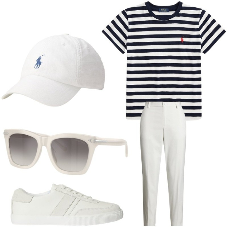 Outfit donna - Venezia. Stile Sporty chic per Tutti i giorni. Abbinamento con pantaloni, occhiali da sole, sneakers, t-shirt, cappelli con visiera.