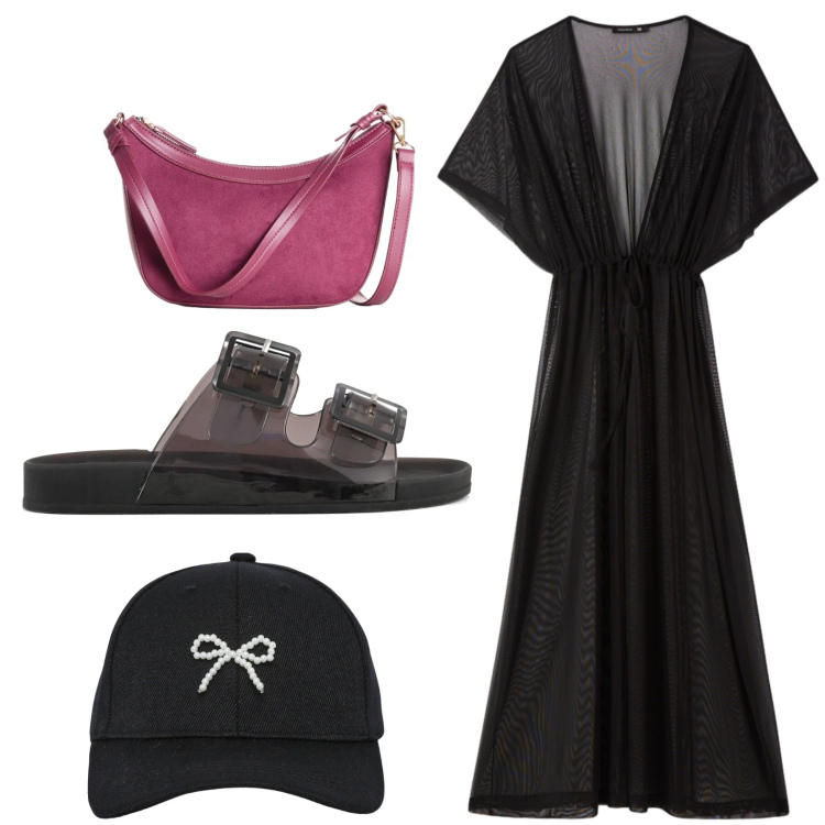 Outfit donna - Nero sportivo. Stile Casual per Tutti i giorni. Abbinamento con borse a tracolla, caftani, cappelli con visiera, sandali.