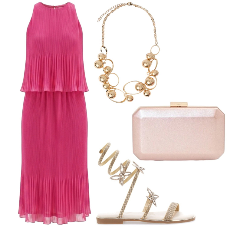 Outfit donna - Abito plissé. Stile Glamour per Serata fuori. Abbinamento con vestiti midi/longuette, clutch, collane, sandali.