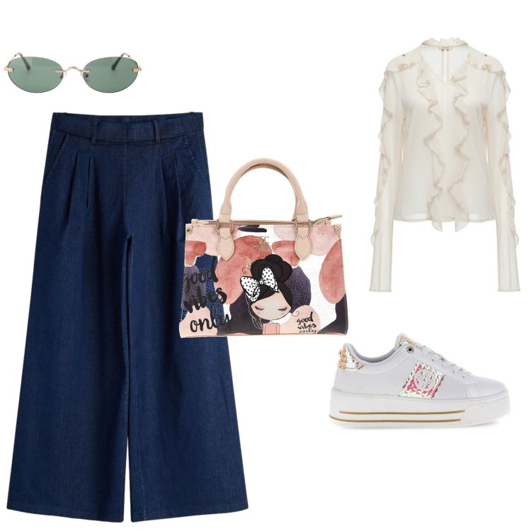 Outfit donna - Romantic chic denim. Stile Casual chic per Tutti i giorni. Abbinamento con occhiali da sole, jeans, bluse, sneakers alte, borse a mano.