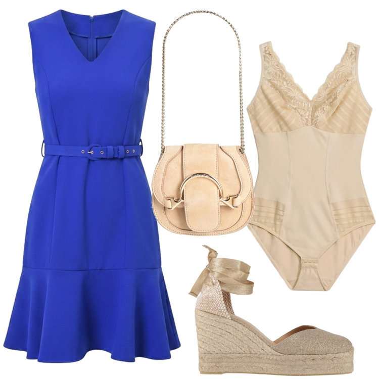 Outfit donna - Abito blu. Stile Minimal per Serata fuori. Abbinamento con espadrillas, marsupi, body, vestiti corti.