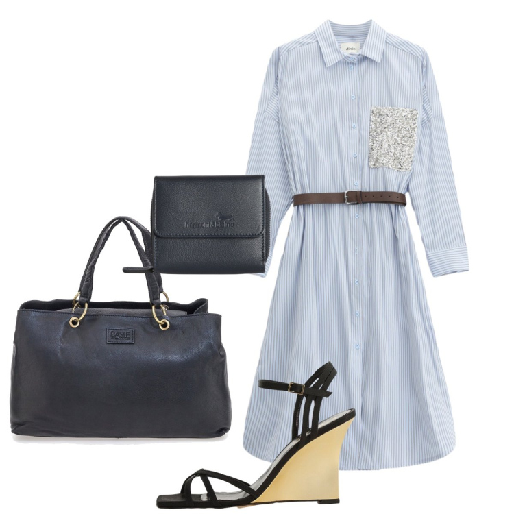 Outfit donna - In ufficio. Stile Bon Ton per Tutti i giorni. Abbinamento con portafogli, sandali col tacco, vestiti lunghi, borse a mano.