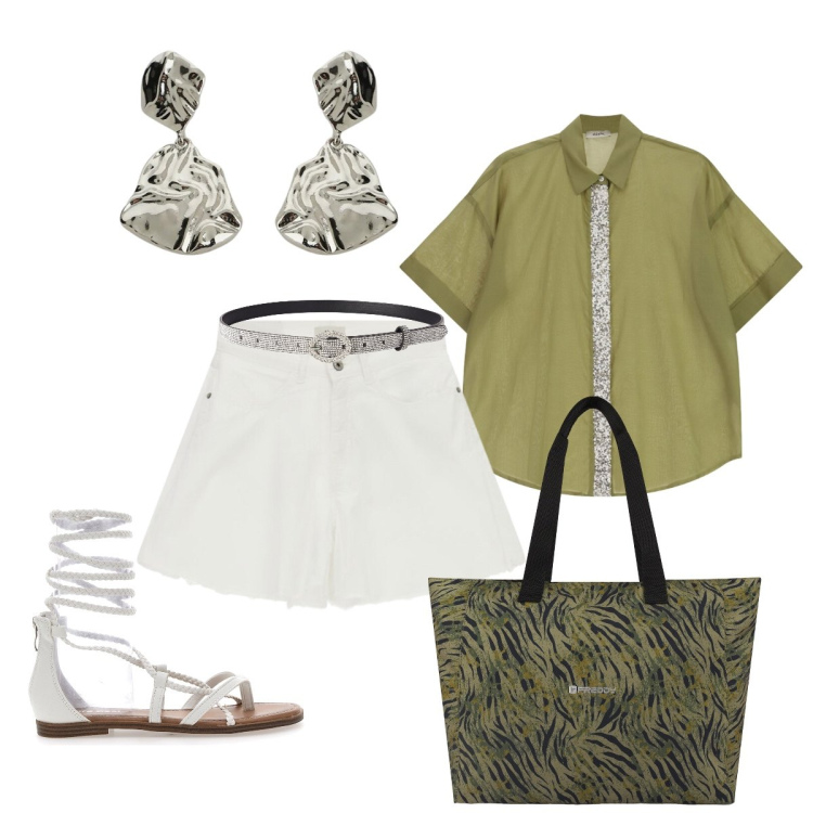 Outfit donna - Look da giorno raffinato. Stile Chic per Tutti i giorni. Abbinamento con orecchini, shorts, camicie a manica corta, cinture, shopping bag, sandali alla schiava.