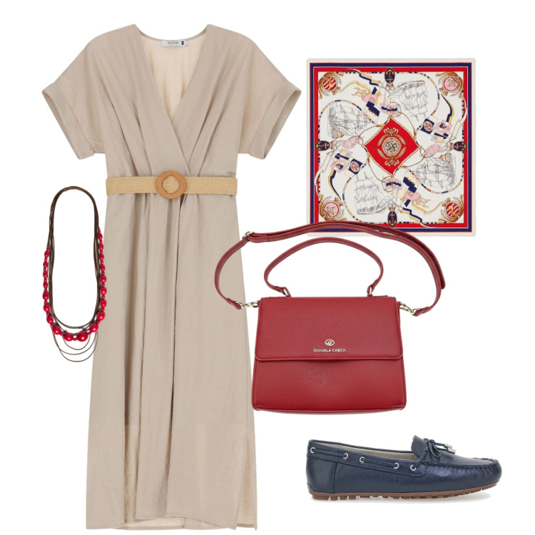 Outfit donna - L\'arte del rosso e beige. Stile Casual chic per Tutti i giorni. Abbinamento con foulard, vestiti midi/longuette, collane, mocassini, borse a tracolla.