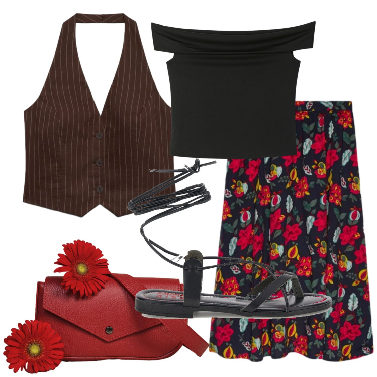 Outfit donna - Total look #2451493. Stile 70s per Ufficio. Abbinamento con borse a tracolla, top, gilet, gonne longuette, sandali alla schiava.