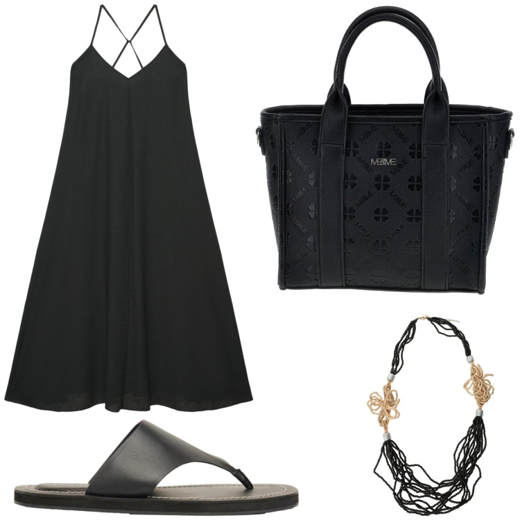 Outfit donna - Nero in tutte le stagioni. Stile Casual chic per Tutti i giorni. Abbinamento con infradito, collane, vestiti lunghi, borse a tracolla.