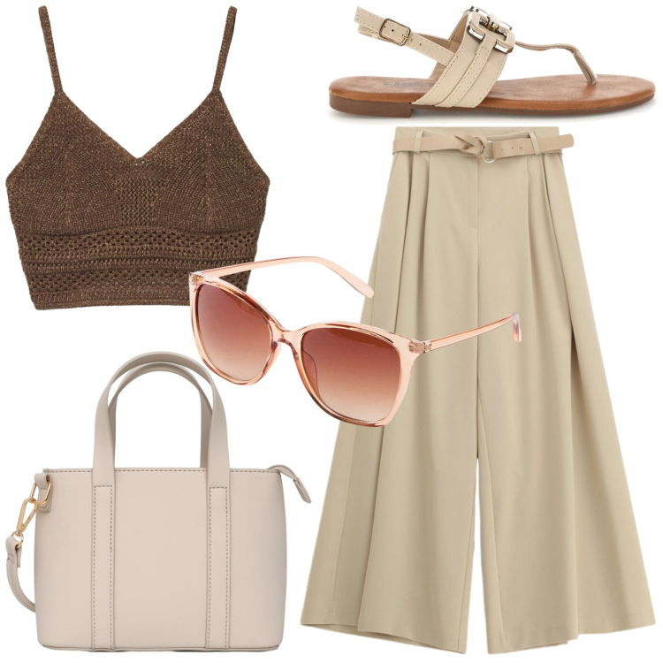 Outfit donna - Metropolitan escape. Stile Chic per Tutti i giorni. Abbinamento con occhiali da sole, pantaloni a palazzo, top, borse a tracolla, sandali.