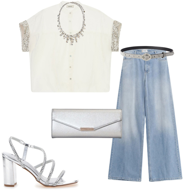 Outfit donna - Jeans e paillettes. Stile Casual chic per Serata fuori. Abbinamento con camicie a manica corta, cinture, clutch, jeans, collane, sandali col tacco.