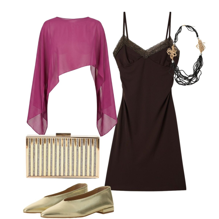 Outfit donna - Chic nero e oro. Stile Chic per Serata fuori. Abbinamento con collane, ballerine, vestiti a tubino, clutch, top.