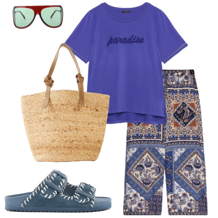 Outfit donna - Giornata relax. Stile Casual chic per Tutti i giorni. Abbinamento con shopping bag, occhiali da sole, t-shirt, pantaloni, ciabatte.